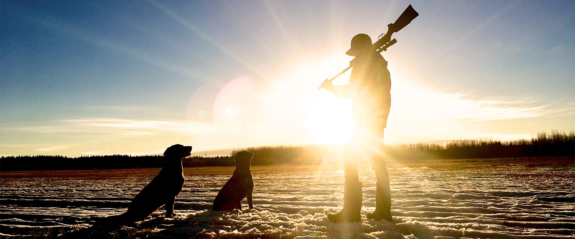 Silhouette eines Jägers mit Gewehr und zwei Hunden im schneebedeckten Feld bei Sonnenuntergang, repräsentativ für das realitätsnahe Jagd- und Schießtraining des Schiess-Kino Cramberg.