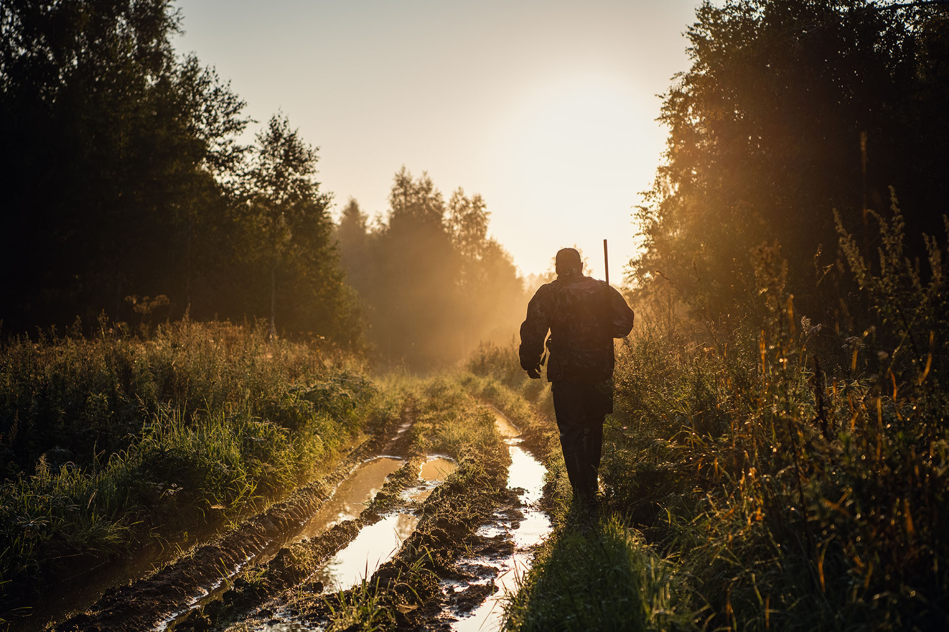 Ein Jäger mit Gewehr geht auf einem nassen Waldweg im Morgendunst, umgeben von Bäumen und Gras, während die Sonne aufgeht – ein Bild, das die Jagdpraxis und die Verbindung zur Natur widerspiegelt, wie sie bei Schiess-Kino Cramberg trainiert wird.